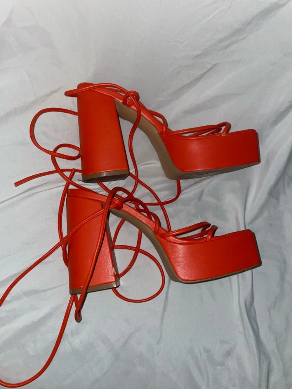 Bold Orange Lace-Up Platform Block Heels